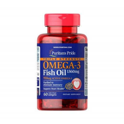 Puritan's Pride Triple Strength Omega-3 Fish Oil 1360mg / 950 mg Active Omega (60 caps)